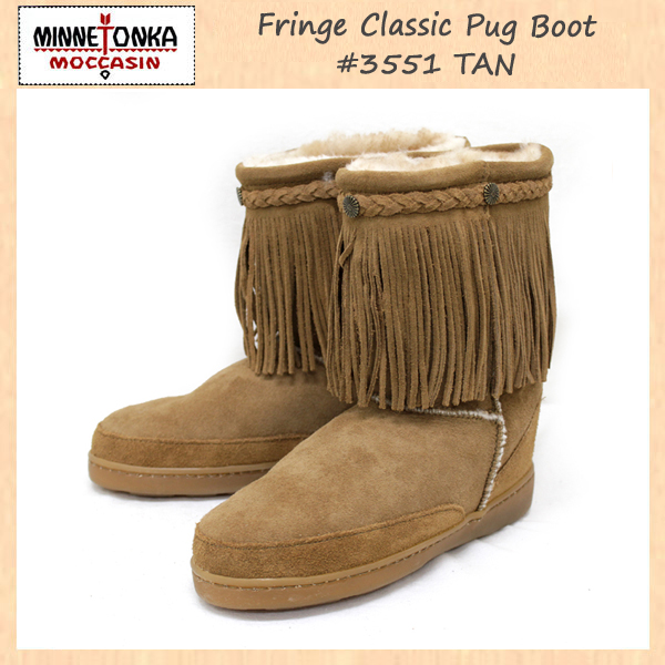正規取扱店 MINNETONKA(ミネトンカ)Fringe Classic Pug Boot(フリンジクラシックパグブーツ)#3551 TAN レディース MT068