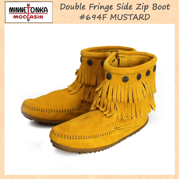 正規取扱店 MINNETONKA(ミネトンカ)Double Fringe Side Zip Boot(ダブルフリンジ サイドジップブーツ)#694Ｆ MUSTARD レディース MT094