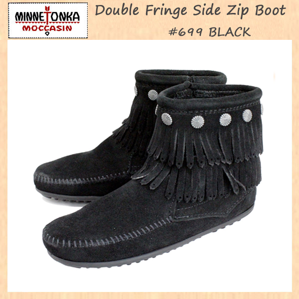 正規取扱店 MINNETONKA(ミネトンカ)Double Fringe Side Zip Boot(ダブルフリンジ サイドジップブーツ)#699 BLACK レディース MT017